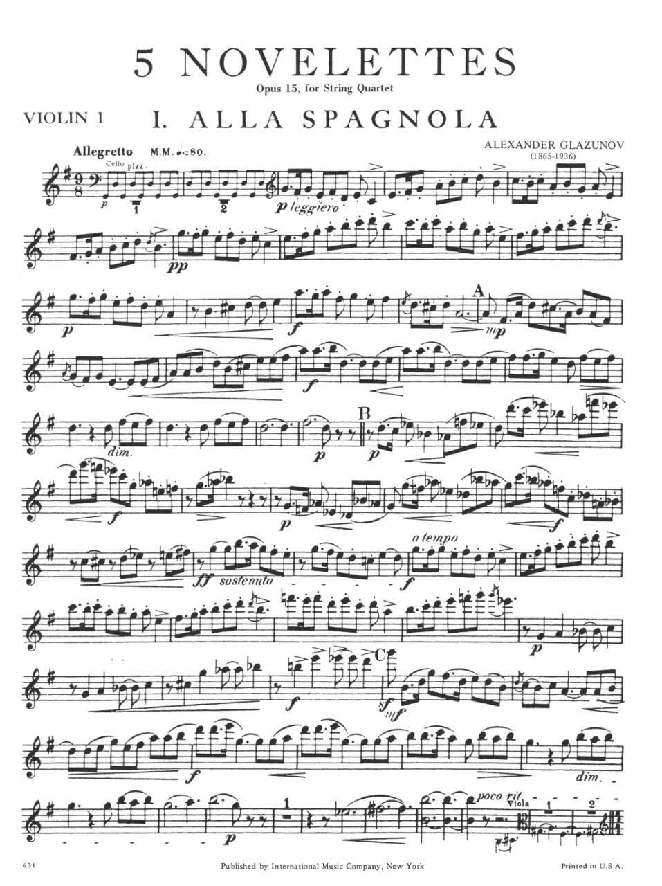 Glazunov, Alexander - Five Novelettes, Op 15 - String Quartet - International Edition - Image 2