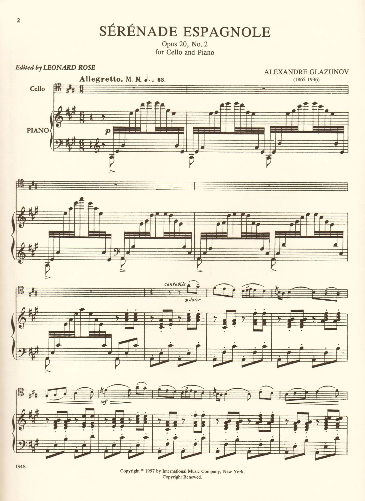 Glazunov, Alexander - Serenade Espagnole, Op 20, No 2 - Cello and Piano - edited by Leonard Rose - International Edition - Image 2