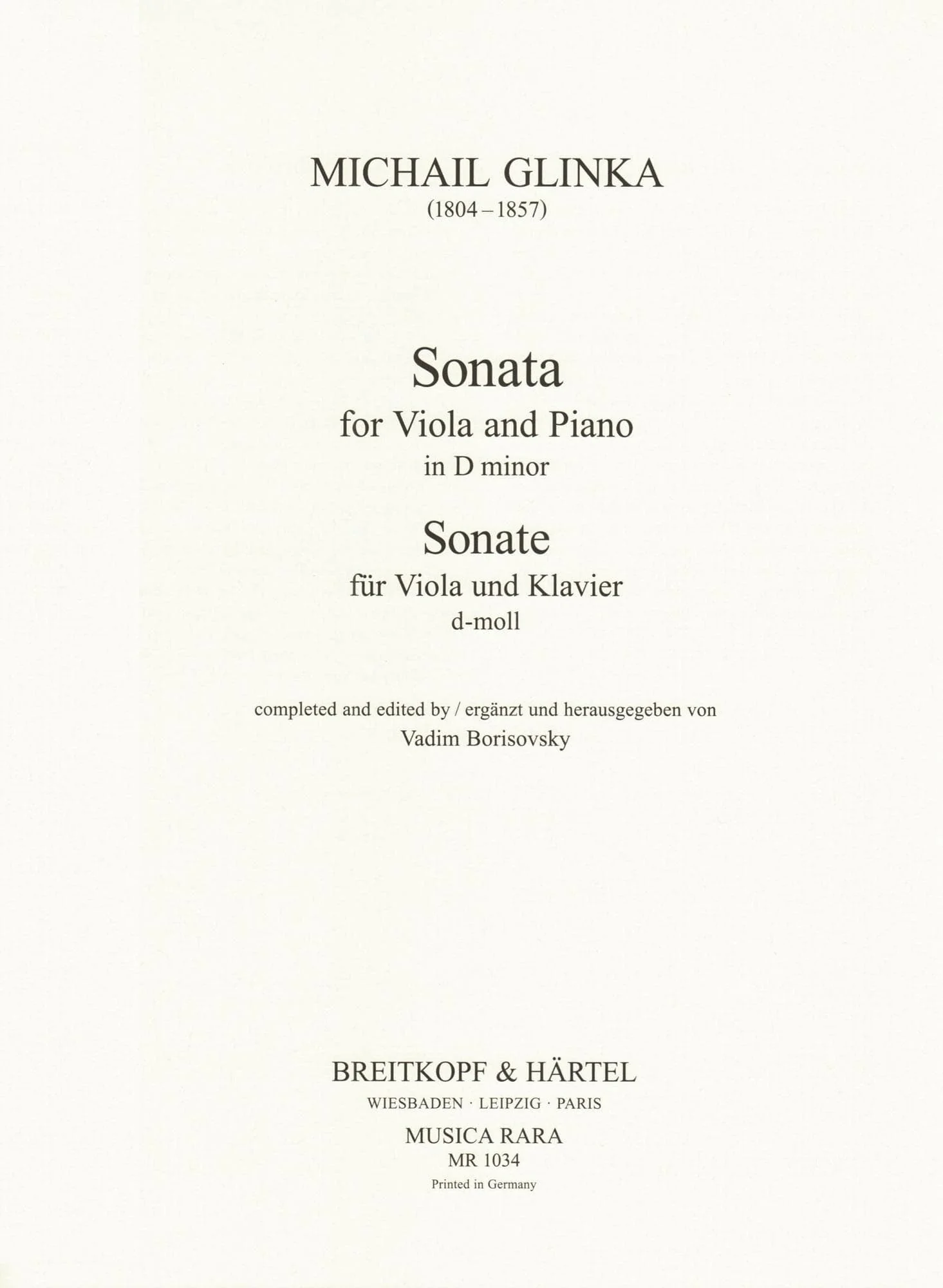 Glinka, Mikhail - Sonata in D minor - for Viola and Piano - Breitkopf & Haertel Edition - Image 2