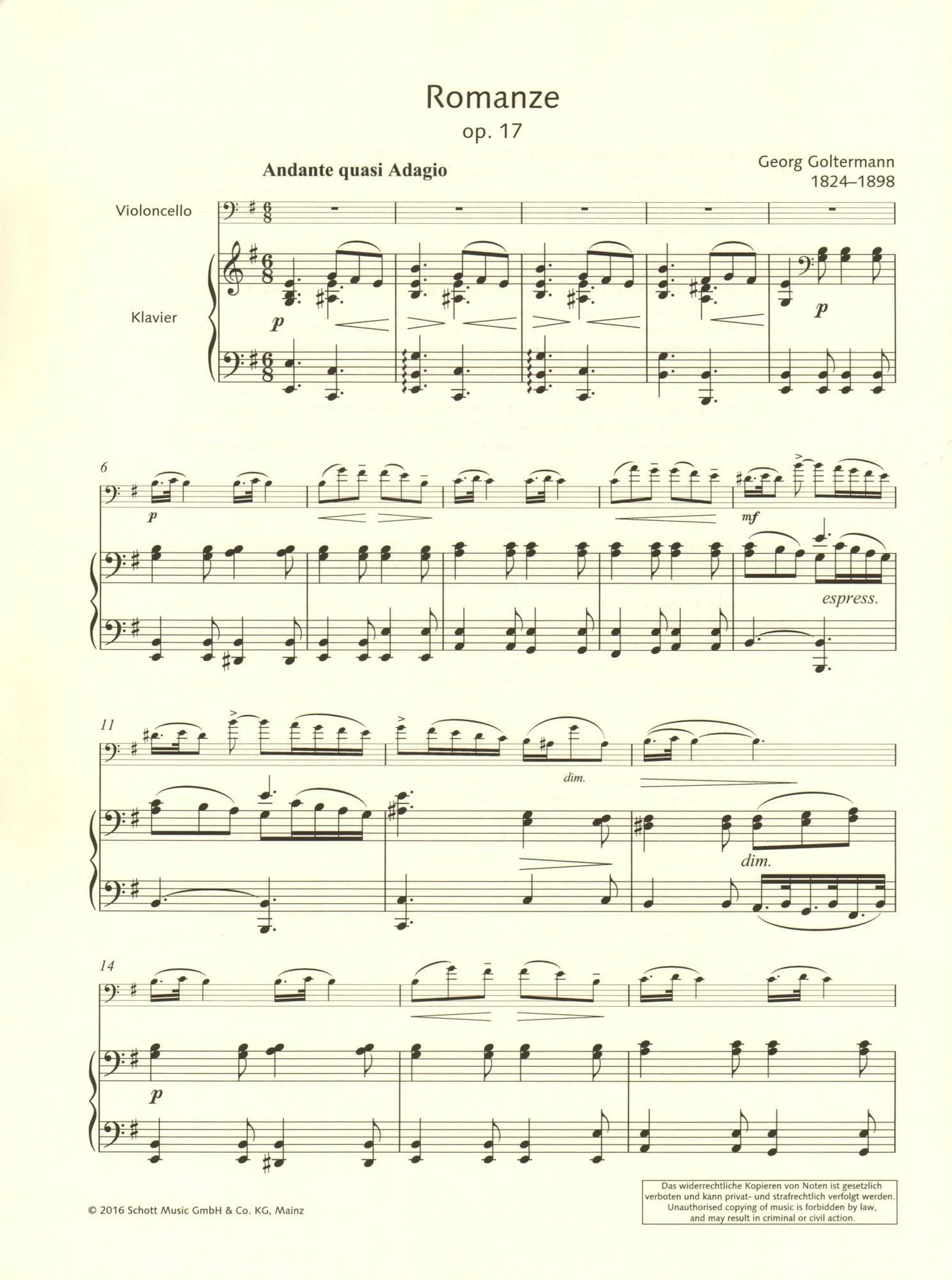 Goltermann, Georg - Romanze, Opus 17 - for Cello and Piano - edited by Fritz Zumkley - Edition Schott - Image 3