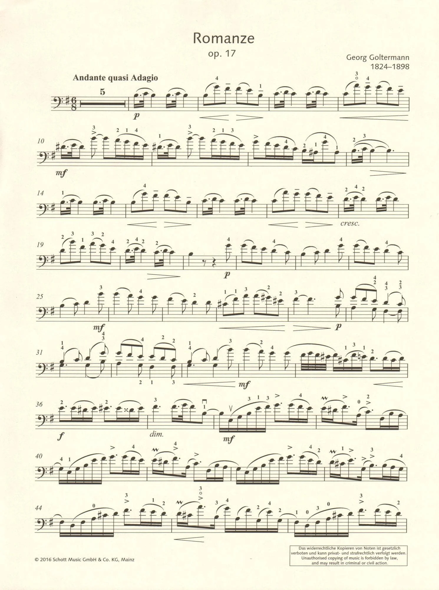 Goltermann, Georg - Romanze, Opus 17 - for Cello and Piano - edited by Fritz Zumkley - Edition Schott - Image 5