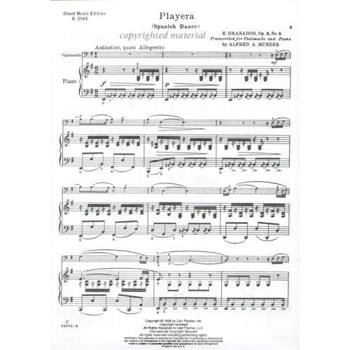 Granados, Enrique - Playera (Spanish Dance, Op 5, No 5) - Cello and Piano - transcribed by Alfred A Munzer - Carl Fischer Edition - Image 2