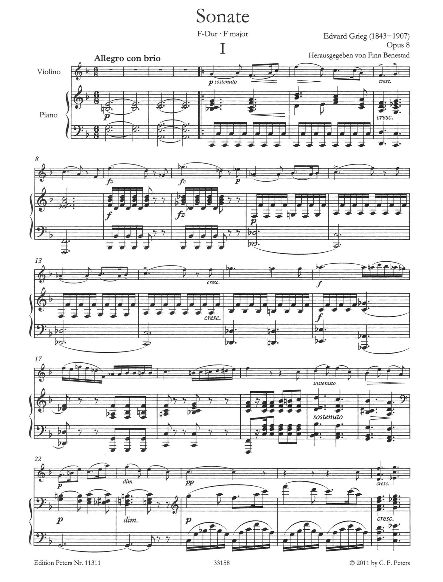 Grieg, Edvard - Sonata No 1 in F Major, Op 8 - Violin and Piano - edited by Finn Benestad - Edition Peters URTEXT - Image 2