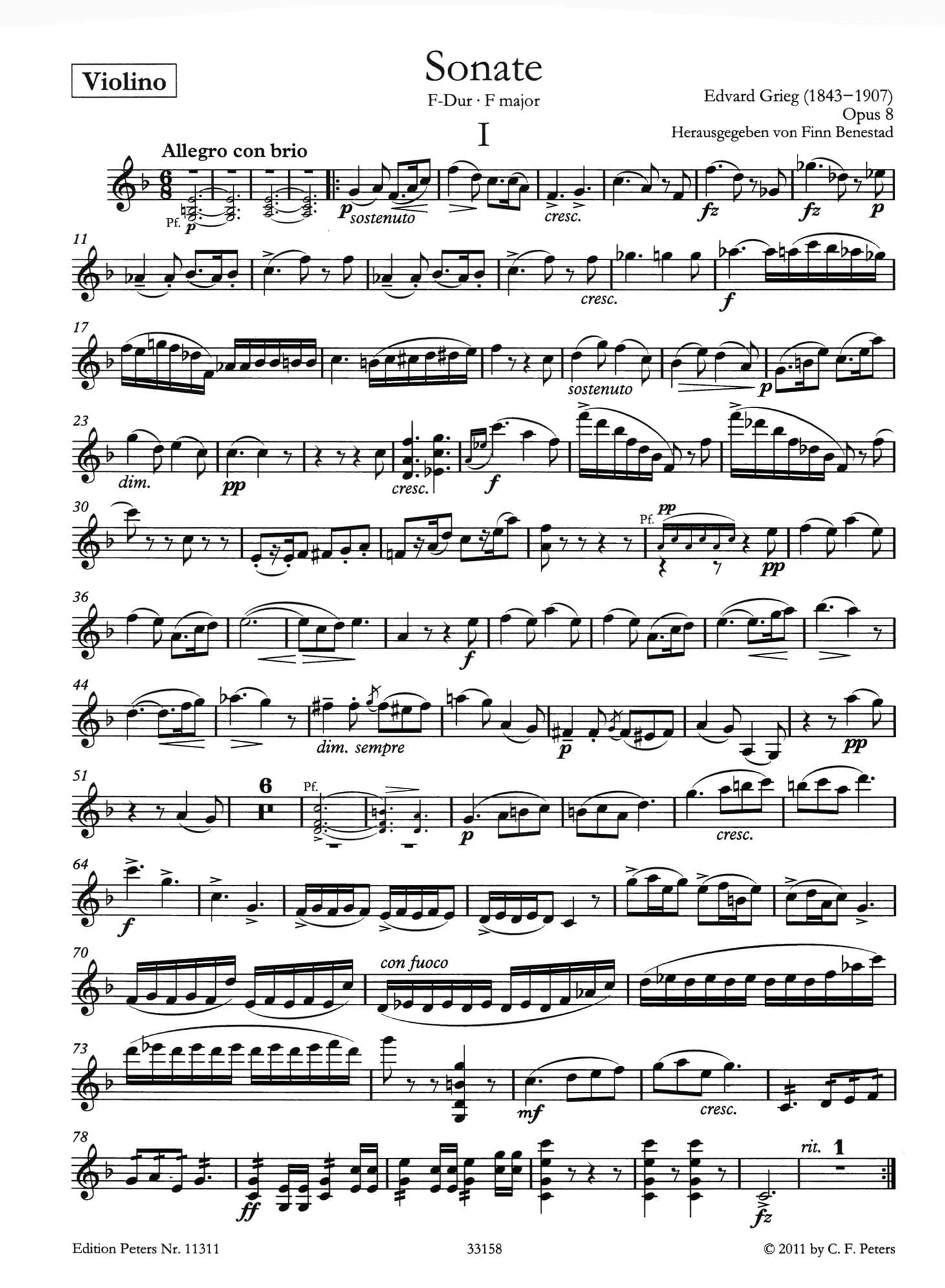 Grieg, Edvard - Sonata No 1 in F Major, Op 8 - Violin and Piano - edited by Finn Benestad - Edition Peters URTEXT - Image 3
