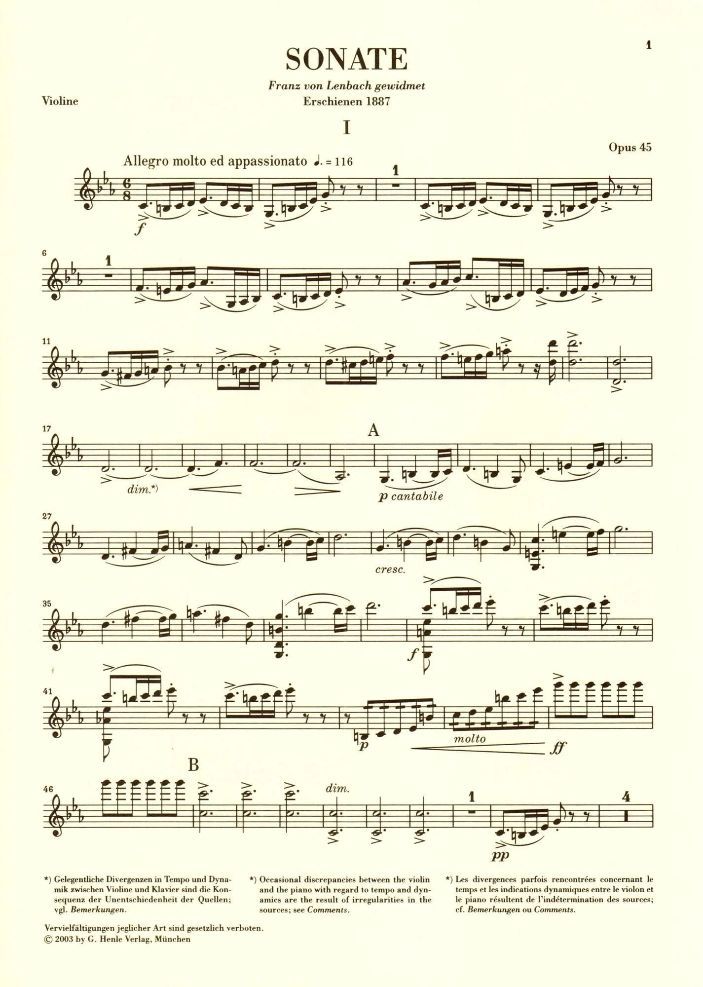 Grieg, Edvard - Sonata No 3 in c minor, Op 45 - Violin and Piano - editedy by Egon Voss - G Henle Verlag URTEXT - Image 2