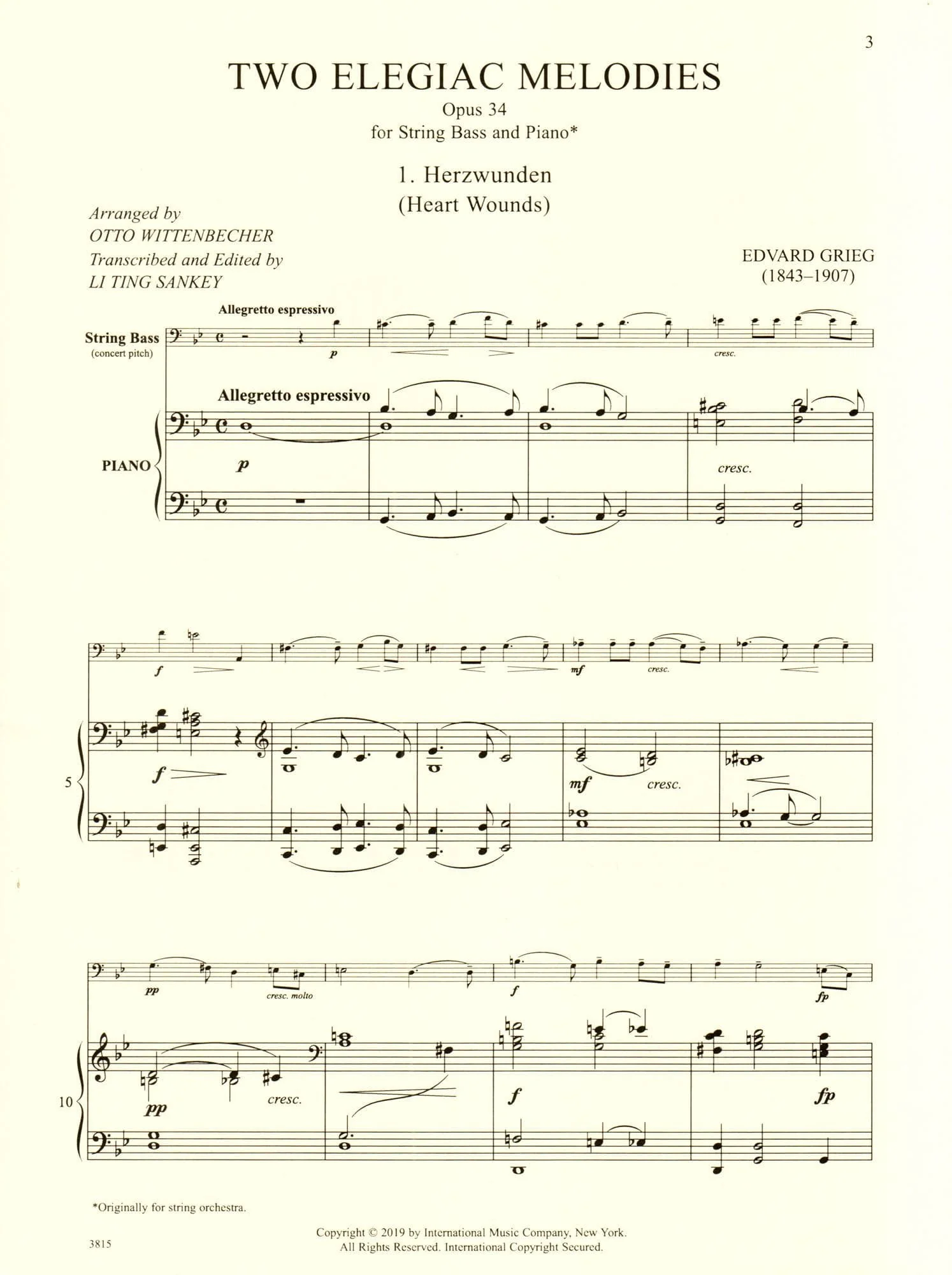 Grieg, Edvard - Two Elegiac Melodies, Op 34 - for Double Bass and Piano - Edited by Sankey - International Edition - Image 2