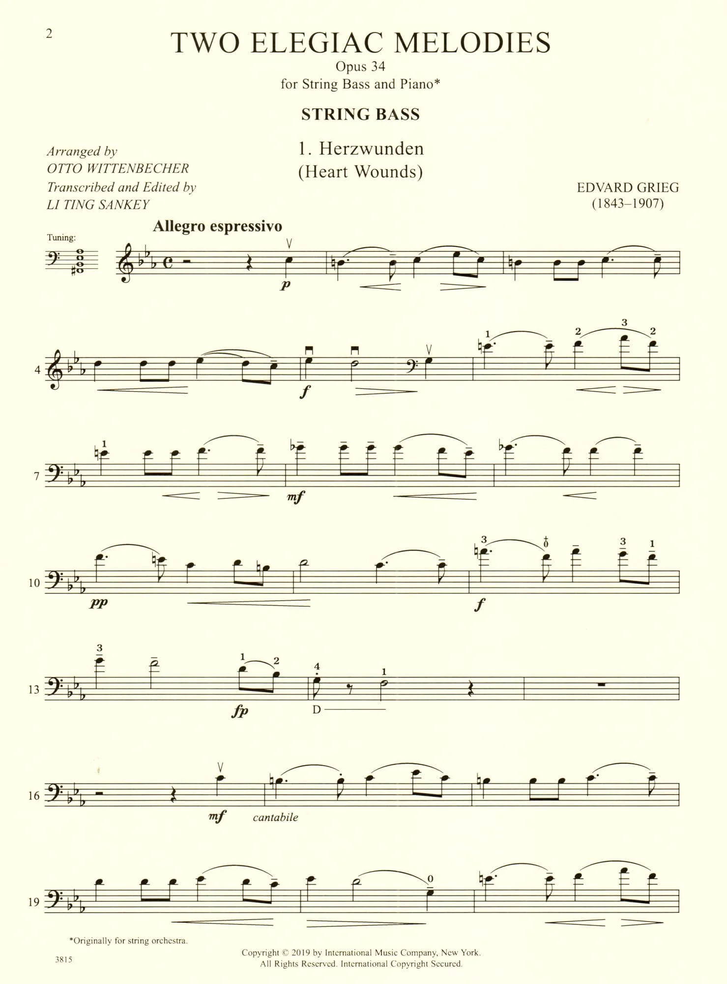 Grieg, Edvard - Two Elegiac Melodies, Op 34 - for Double Bass and Piano - Edited by Sankey - International Edition - Image 3