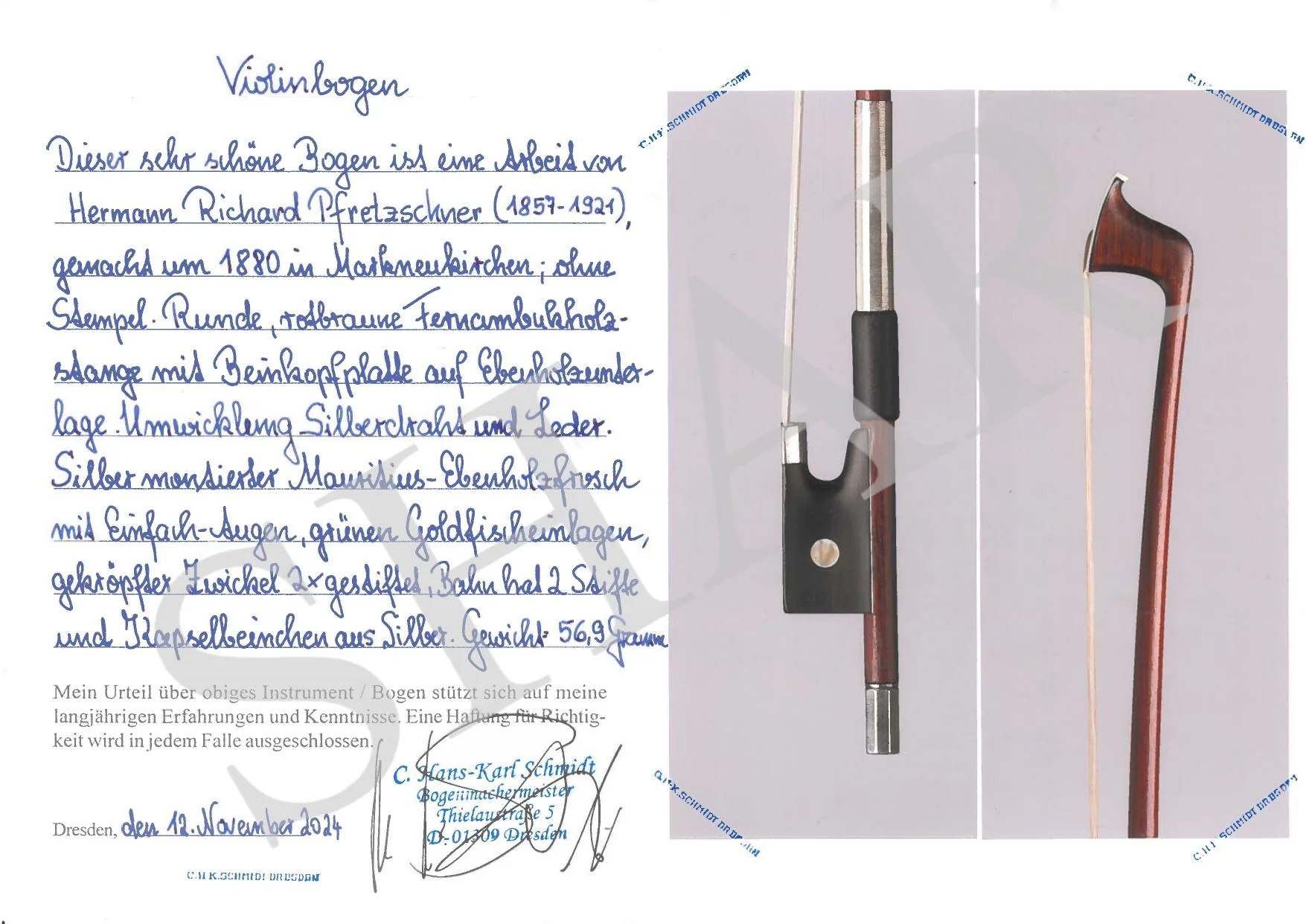 H.R. Pfretzschner Violin Bow, Markneukirchen c.1880, w/ Certificate - Image 2