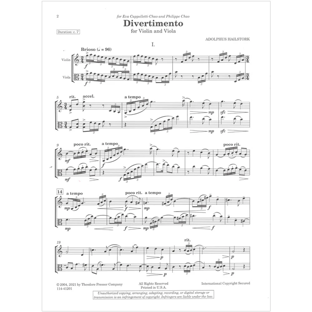 Hailstork, Adolphus - Divertimento for Violin and Viola - Presser - Image 3