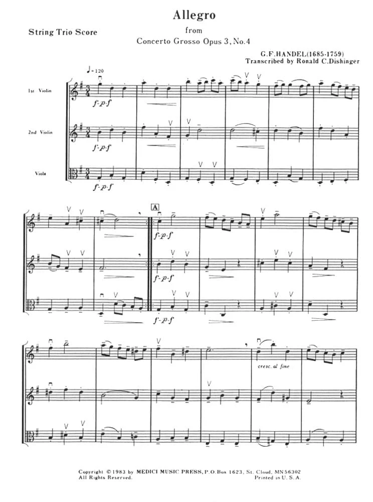 Handel, George Frideric - Allegro from Concerto Grosso, Op 3, No 4 - Two Violins and Viola - Score and Parts - arranged by Ronald C Dishinger - Medici Music Press