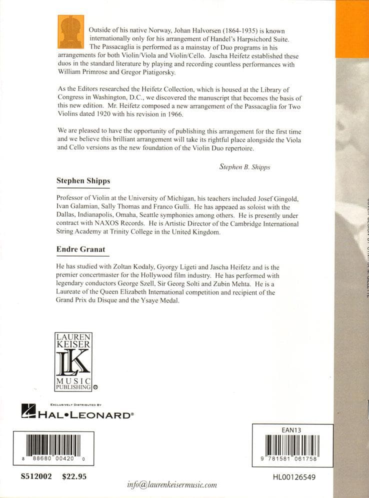 Handel, George Frederic - Heifetz Collection: Passacaglia for Two Violins - arranged by Johan Halvorsen and Jascha Heifetz - edited by Stephen Shipps and Endre Granat - Lauren Keiser - Image 3