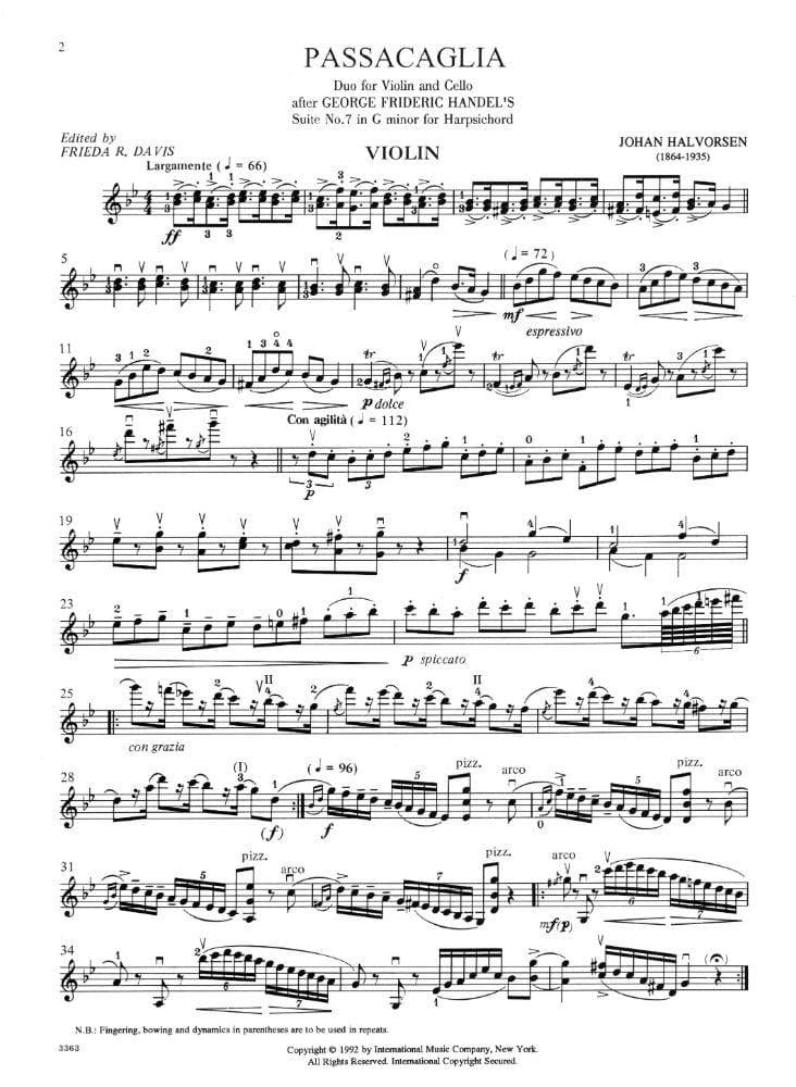 Handel/Halvorsen - Passacaglia - Violin and Cello - Score and Parts - edited by Frieda R Davis and Nathan Stutch - International Edition - Image 2