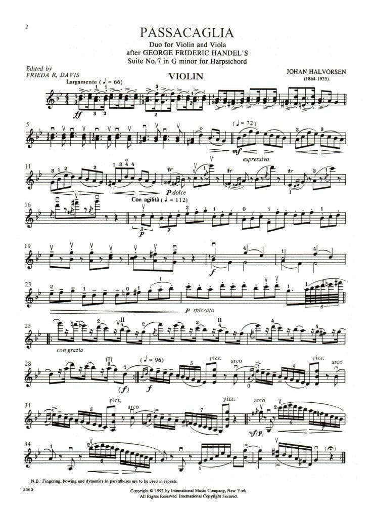 Handel/Halvorsen - Passacaglia - Violin and Viola - Score and Parts - edited by Frieda R Davis and Nathan Stutch - International Edition - Image 2