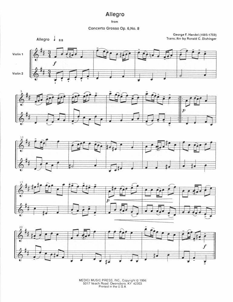 Handel, George Frideric - Nine Duets from Concerti Grossi, Op 6 - Two Violins - arranged by Ronald C Dishinger - Medici Music Press - Image 2