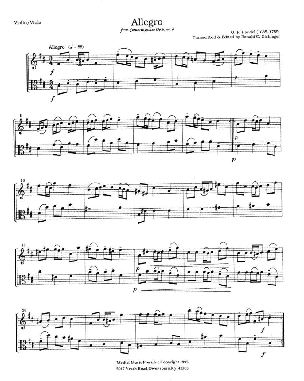 Handel, George Frideric - Nine Duets from Concerti Grossi, Op 6 - Violin and Viola - arranged by Ronald C Dishinger - Medici Music Press - Image 2