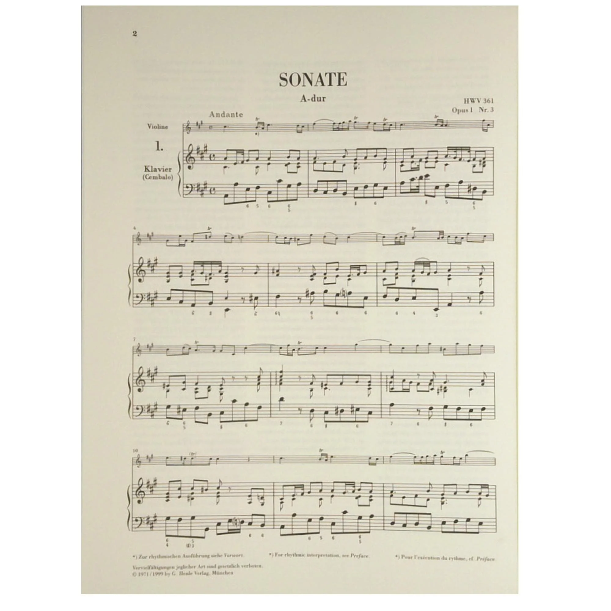 Handel, George Frideric - Seven Sonatas for Violin and Basso Continuo - Violin and Piano - edited by Stanley Sadie and Karl Röhrig - G Henle Verlag URTEXT - Image 2