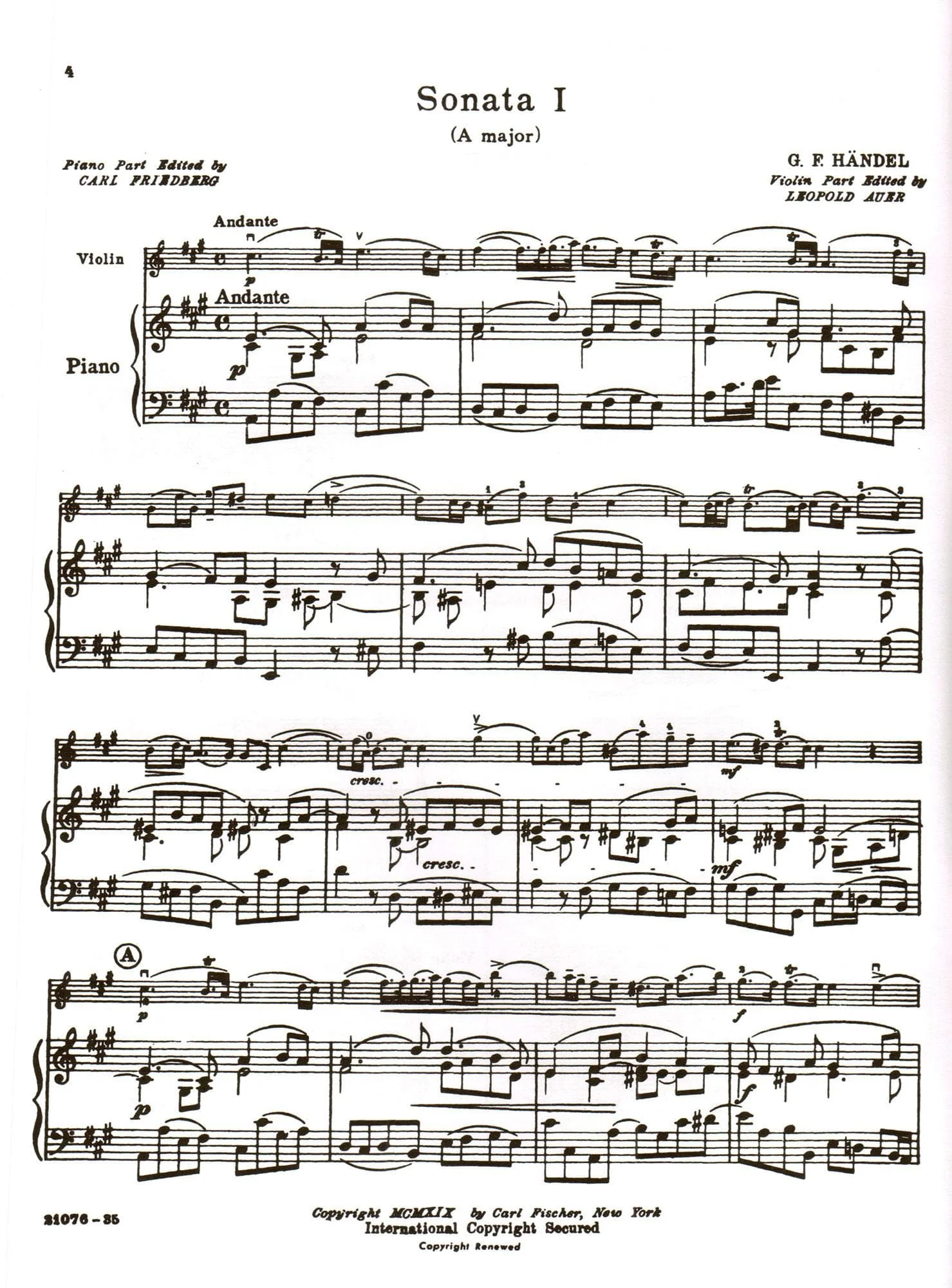 Handel, George Frideric - Six Sonatas (Complete) - Violin and Piano - edited by Leopold Auer and C Friedberg - Carl Fischer Edition - Image 3