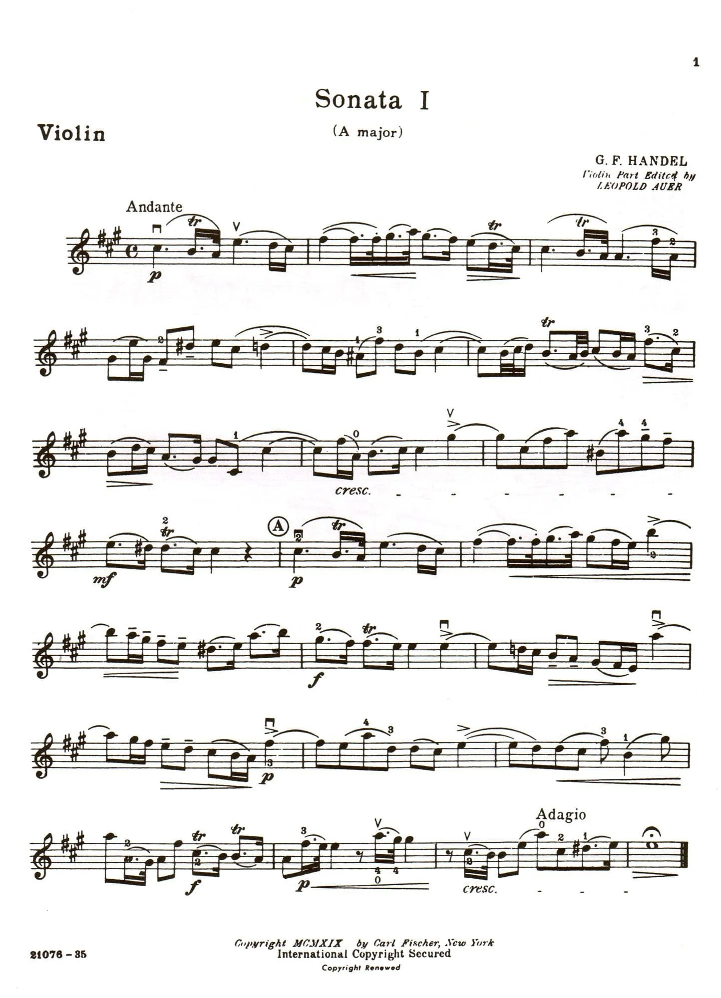 Handel, George Frideric - Six Sonatas (Complete) - Violin and Piano - edited by Leopold Auer and C Friedberg - Carl Fischer Edition - Image 4