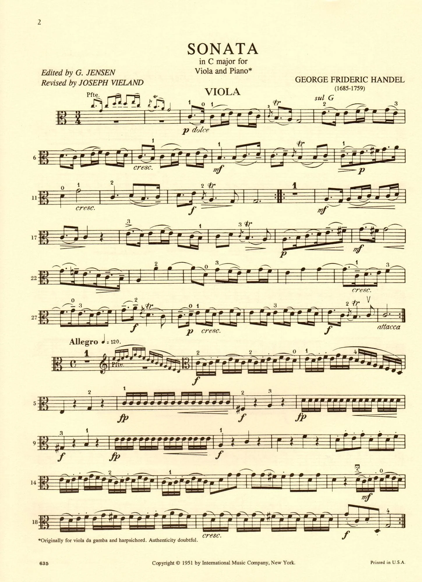 Handel, George Frideric - Sonata In C Major - Viola and Piano - edited by Joseph Vieland and G Jensen - International Edition - Image 3