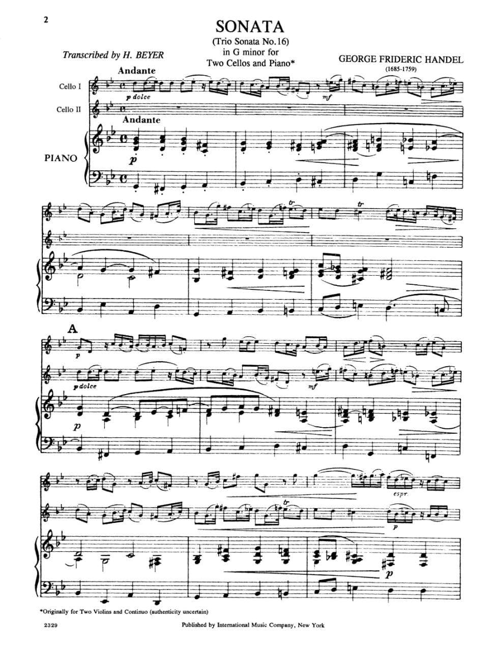 Handel, George Frideric - Sonata in g minor, Op 2, No 8, HWV 393 - Two Cellos and Piano - transcribed by H Beyer - International Edition - Image 2