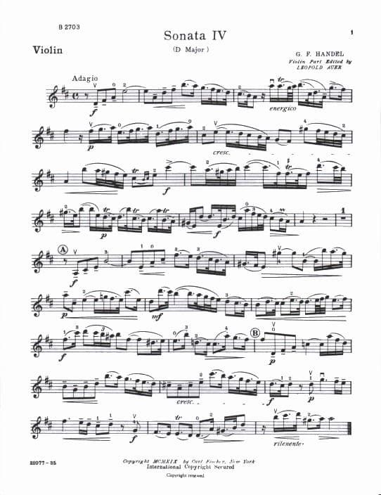 Handel, George Frideric - Sonata No 4 in D Major, Op 1, No 13, HWV 371 - Violin and Piano - edited by Leopold Auer and C Friedberg - Carl Fischer Edition - Image 3