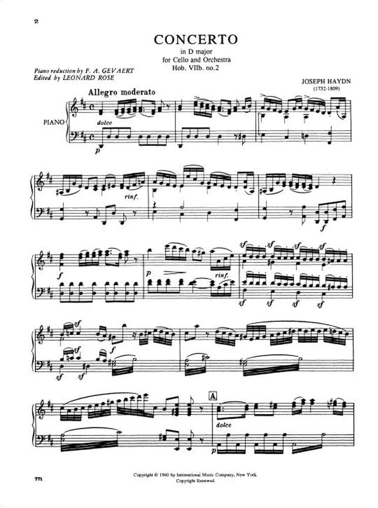 Haydn, Franz Joseph - Concerto in D Major, Hob VIIb:2 - Cello and Piano - edited by FA Gevaert and Leonard Rose - International Edition - Image 2