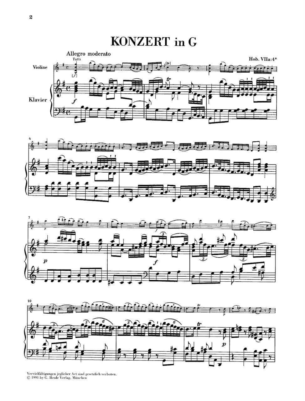 Haydn, Franz Joseph - Concerto No 2 in G Major, Hob VIIa:4 - Violin and Piano - edited by Günter Thomas and Heinz Lohmann - G Henle Verlag - Image 2