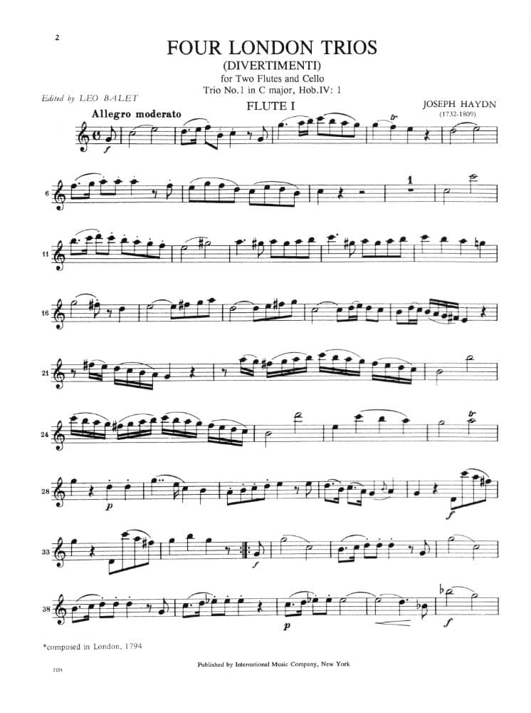 Haydn, Franz Joseph - Four London Trios (Divertimenti), Hob IV:1-4 - Two Flutes and Cello - edited by Leo Balet - International Edition - Image 2