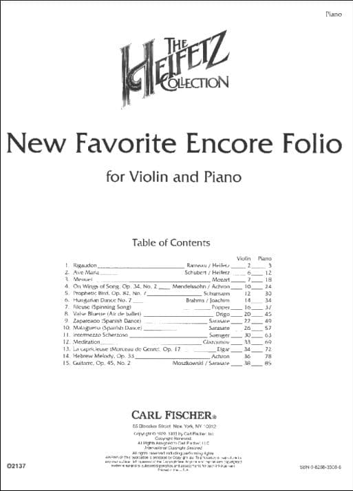 New Favorite Encore Folio - Violin and Piano - arranged by Jascha Heifetz - Carl Fischer Edition - Image 2
