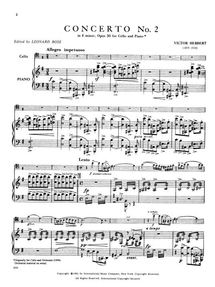 Herbert, Victor - Concerto No 2 in e minor, Op 30 - Cello and Piano - edited by Leonard Rose - International Edition - Image 2
