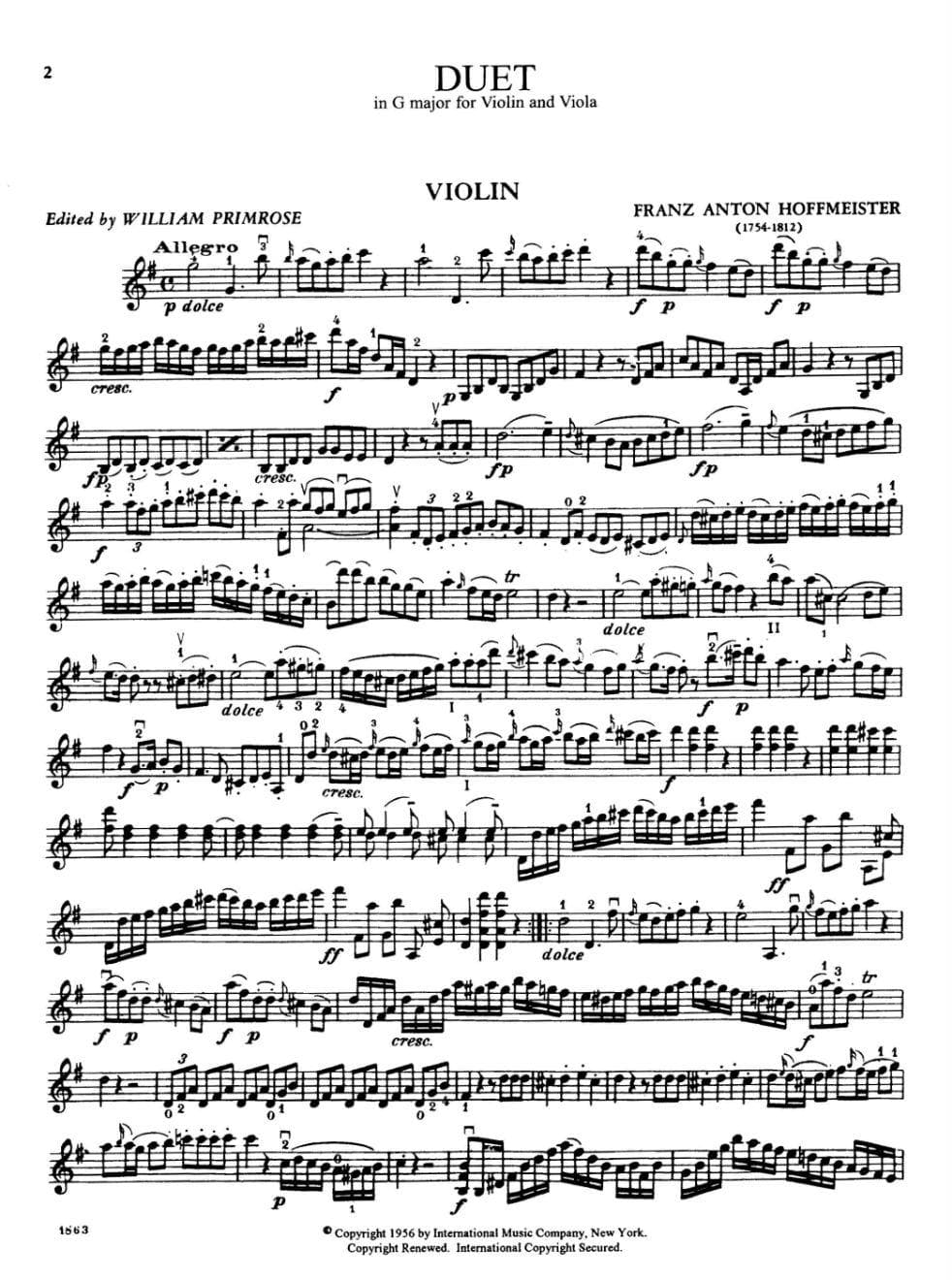 Hoffmeister, Franz Anton - Duet in G Major - Violin and Viola - edited by William Primrose - International Edition - Image 2
