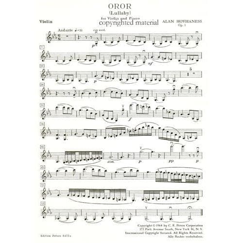 Hovhaness, Alan - Oror (Lullaby), Op 1 - Violin and Piano - Edition Peters - Image 2