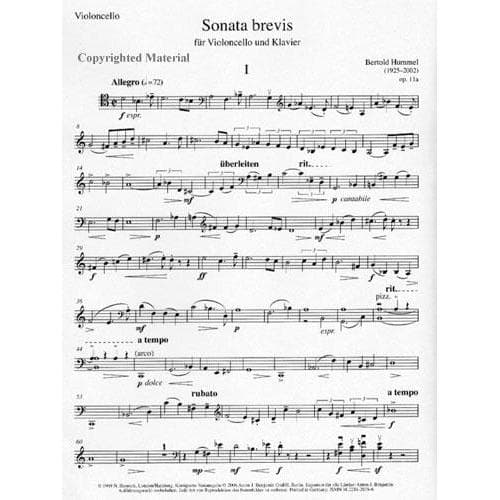Hummel, Bertold - Sonata brevis - Opus 11a - Cello and Piano - Simrock Original Edition - Image 2