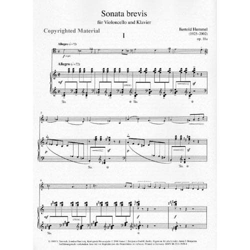 Hummel, Bertold - Sonata brevis - Opus 11a - Cello and Piano - Simrock Original Edition - Image 3