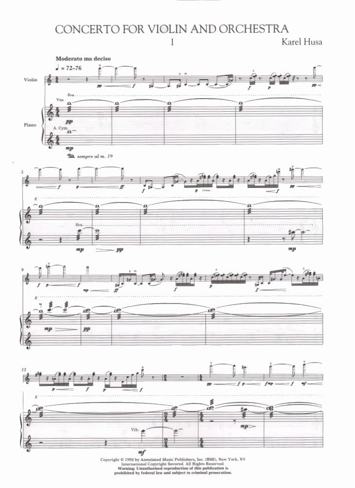 Husa, Karel - Concerto for Violin and Orchestra - Violin and Piano - Associated Music Publishers - Image 3