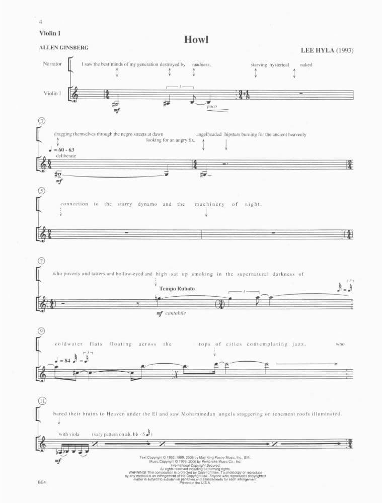 Hyla, Lee - Howl: Written for the Poem "Howl" by Allen Ginsberg - Narrator and String Quartet - Carl Fischer Edition - Image 2