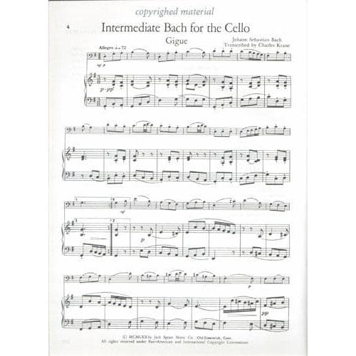 Intermediate Bach for Cello - Cello and Piano - edited by Charles Krane - Spratt Music Publishers - Image 3