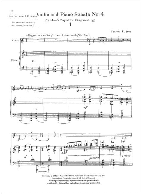 Ives, Charles - Sonata No 4 (Children's Day at the Camp Meeting) - Violin and Piano - Associated Music Publishers - Image 2