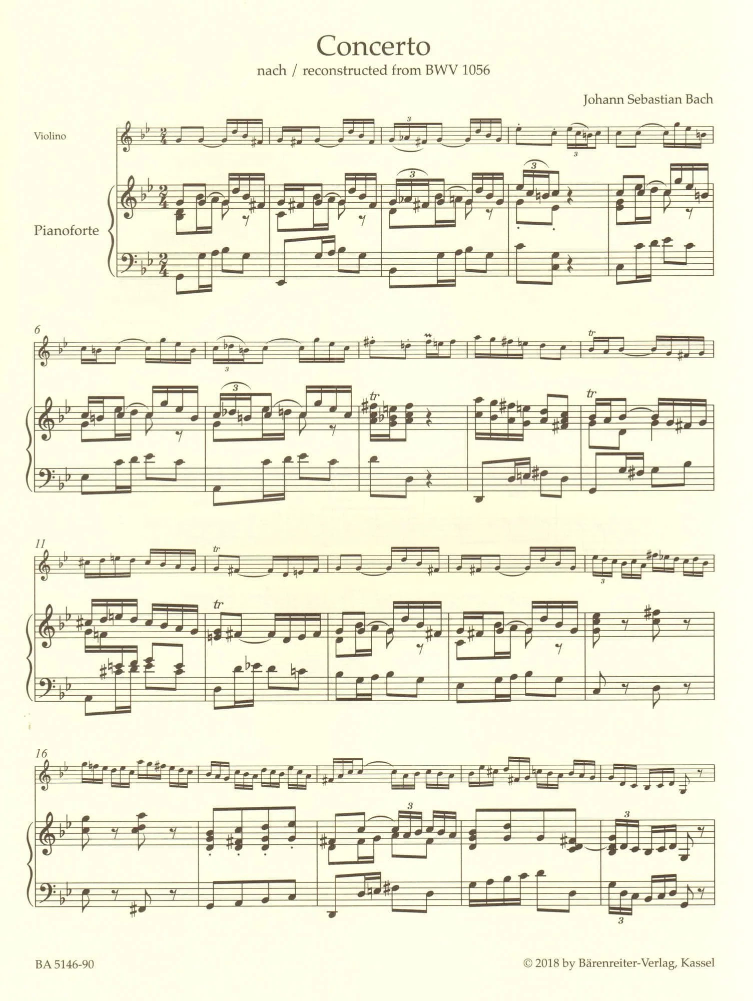 Bach, J.S. - Concerto in G minor, BWV 1056 - for Violin and Piano - Barenreiter URTEXT Edition - Image 3