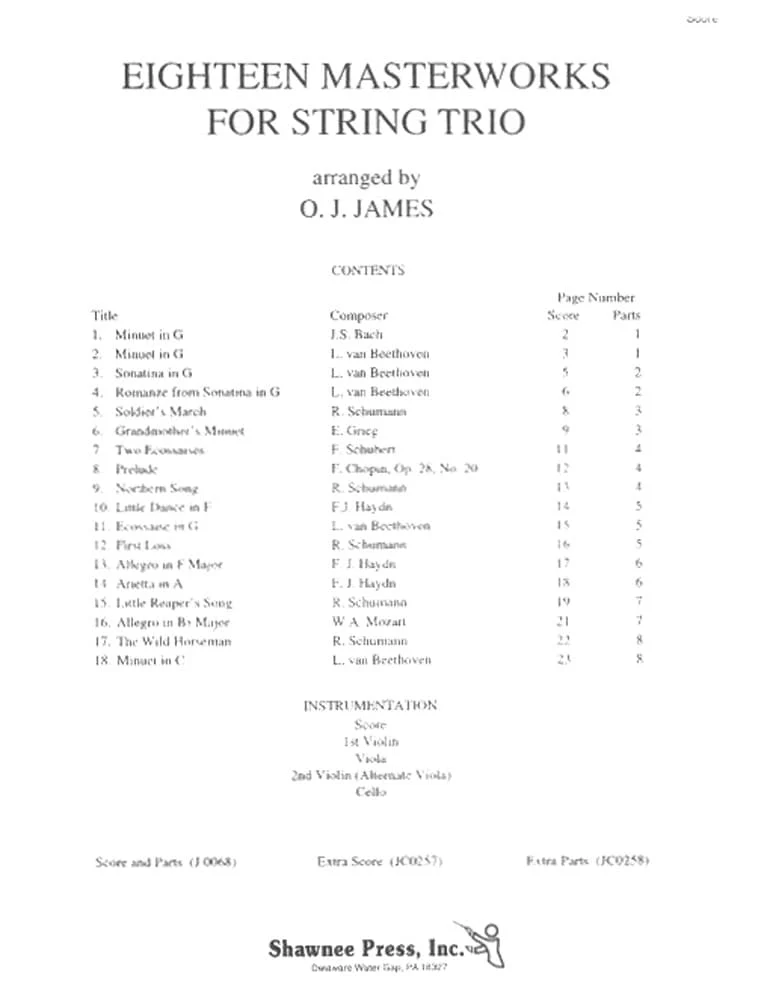 18 Masterworks for String Trio - Violin, Viola (or 2nd Violin), and Cello - arranged by OJ James - Concert Works Unlimited - Image 2