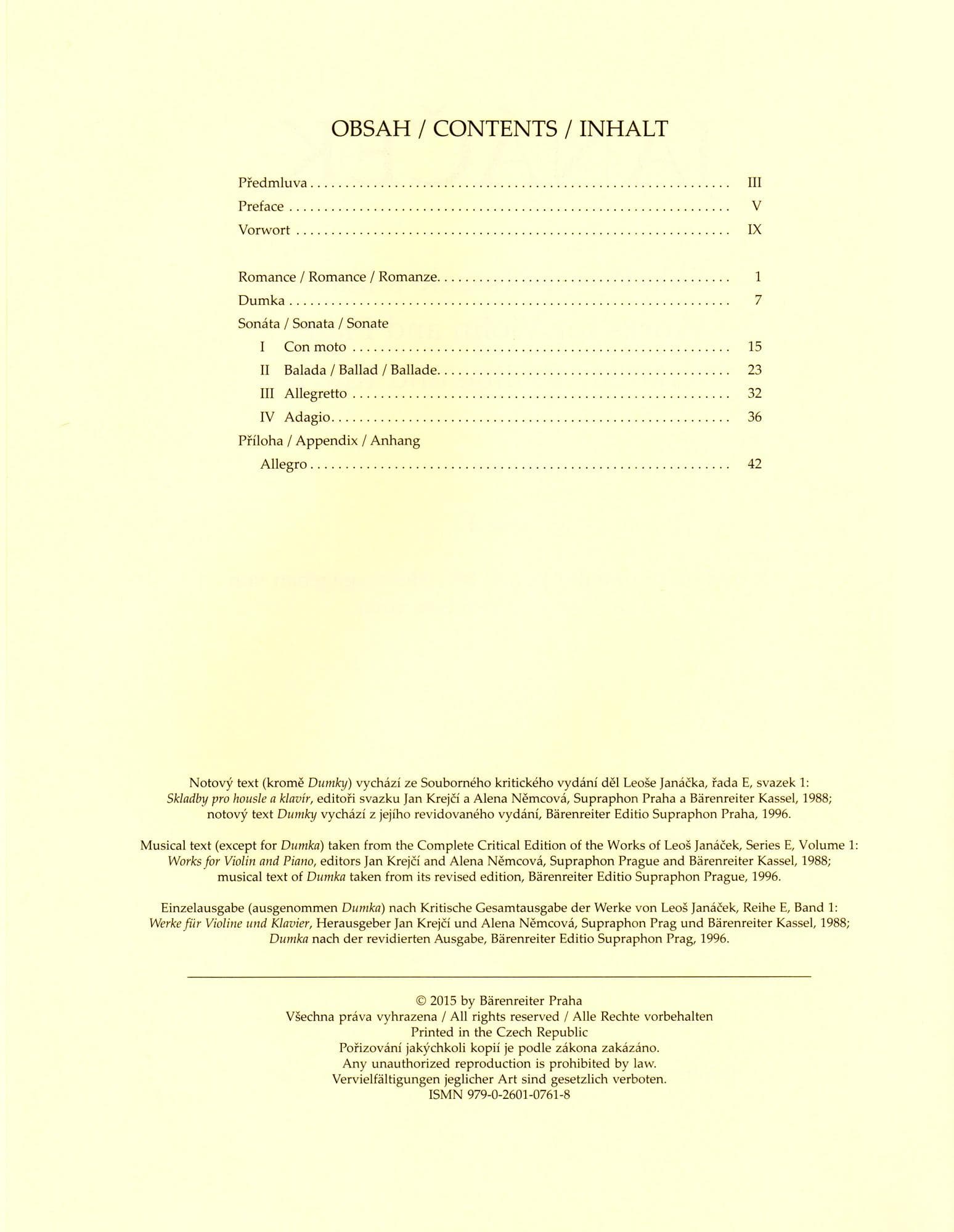 Janáček, Leoš - Works for Violin and Piano - Score and Parts - edited by Jan Krejčí and Alena Němcová - Bärenreiter Verlag URTEXT - Image 2