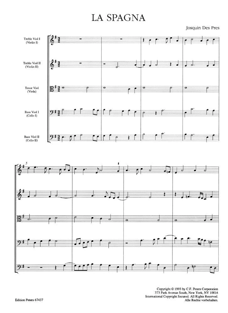 Josquin des Prez - La Spagna - 2 Violins, 2 Violas, and 2 Cellos (or Cello and Bass) - edited by Denis Stevens - Edition Peters - Image 3