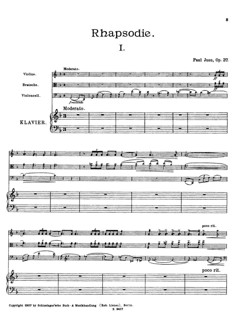 Juon, Paul - Rhapsodie, for Piano Quartet (Violin, Viola, Cello, and Piano) Reprint of the 1907 Schlesinger Edition Published by Lauren Publications - Image 2