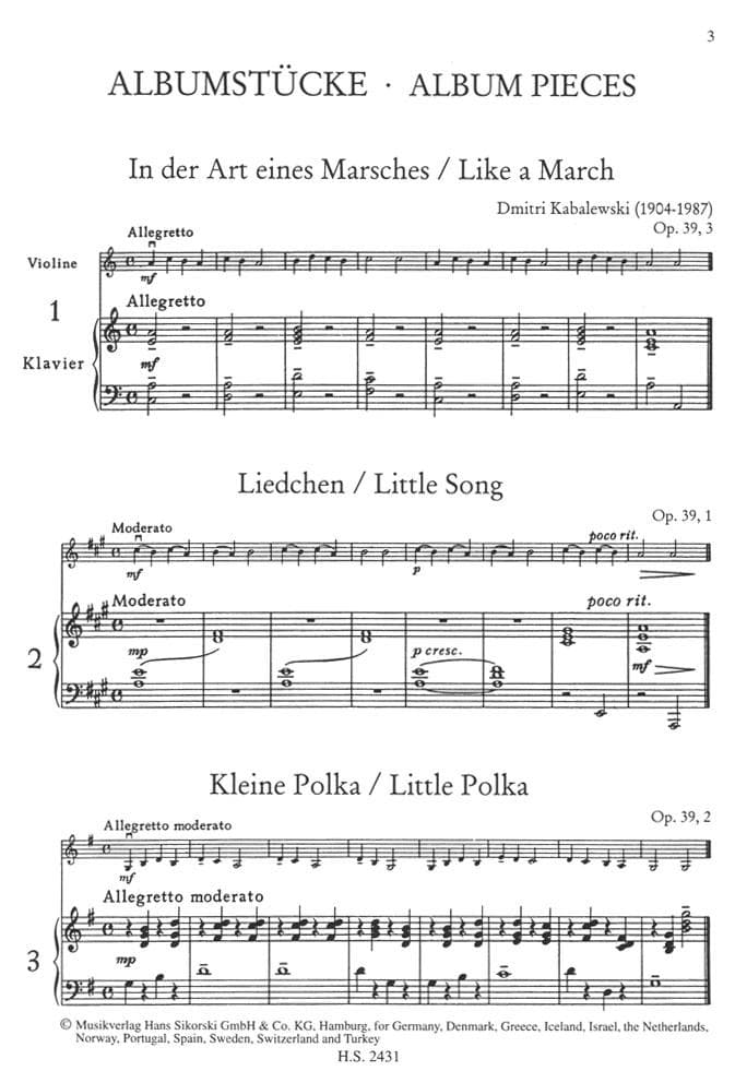 Kabalevsky, Dmitri - Album Pieces for Violin and Piano - Sikorski - Image 3