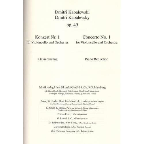 Kabalevsky, Dmitri - Concerto Number 1, Opus 49 For Cello and Piano Published by Sikorski - Image 2
