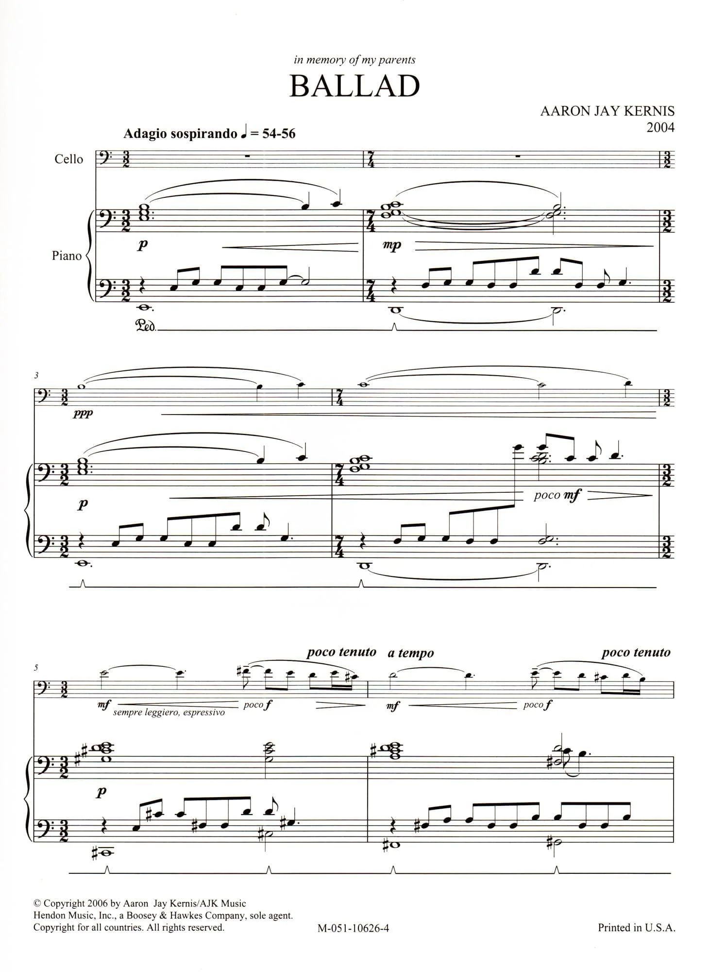 Kernis, Aaron Jay - Ballad - Cello and Piano - Boosey & Hawkes Edition - Image 3