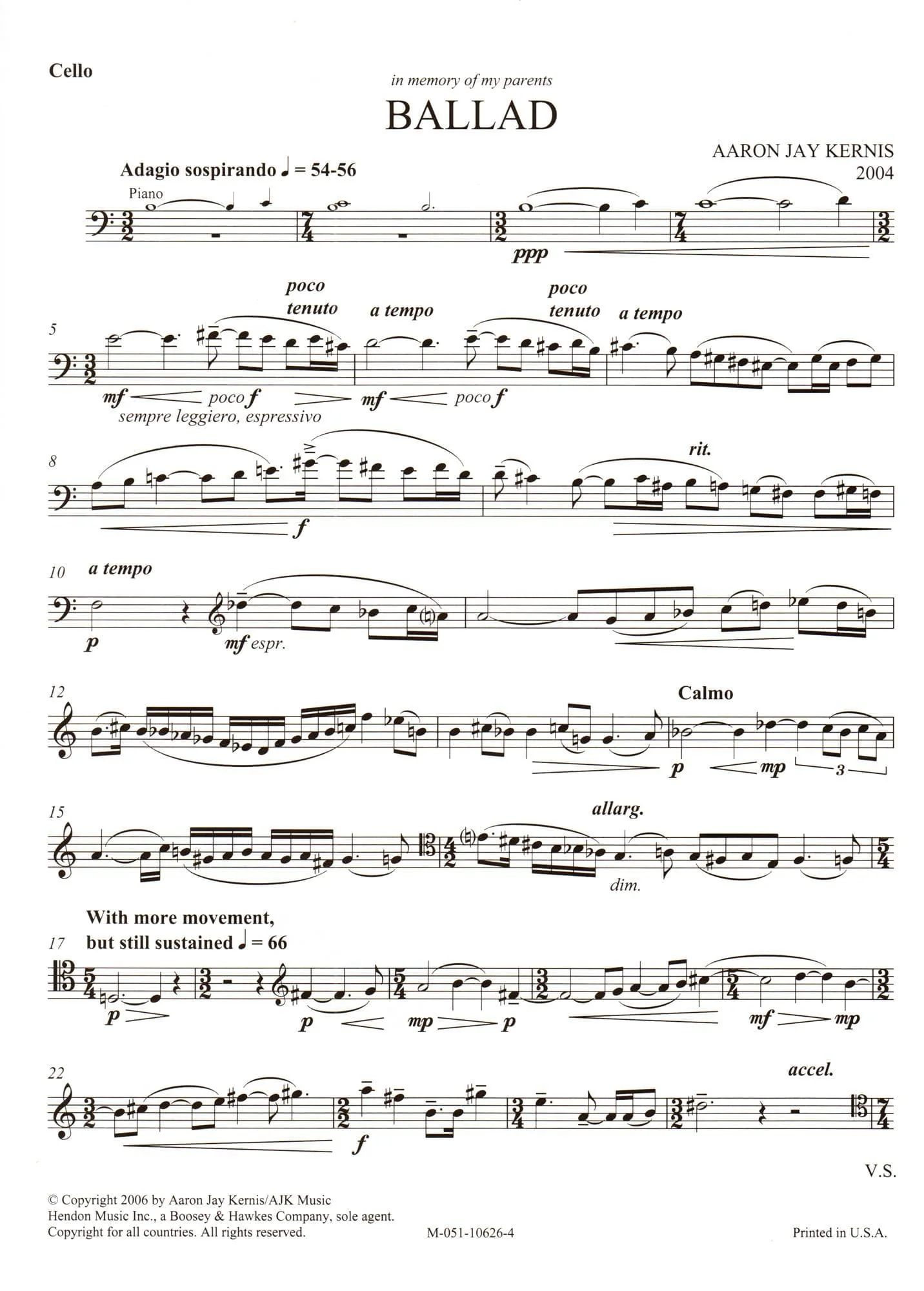 Kernis, Aaron Jay - Ballad - Cello and Piano - Boosey & Hawkes Edition - Image 4