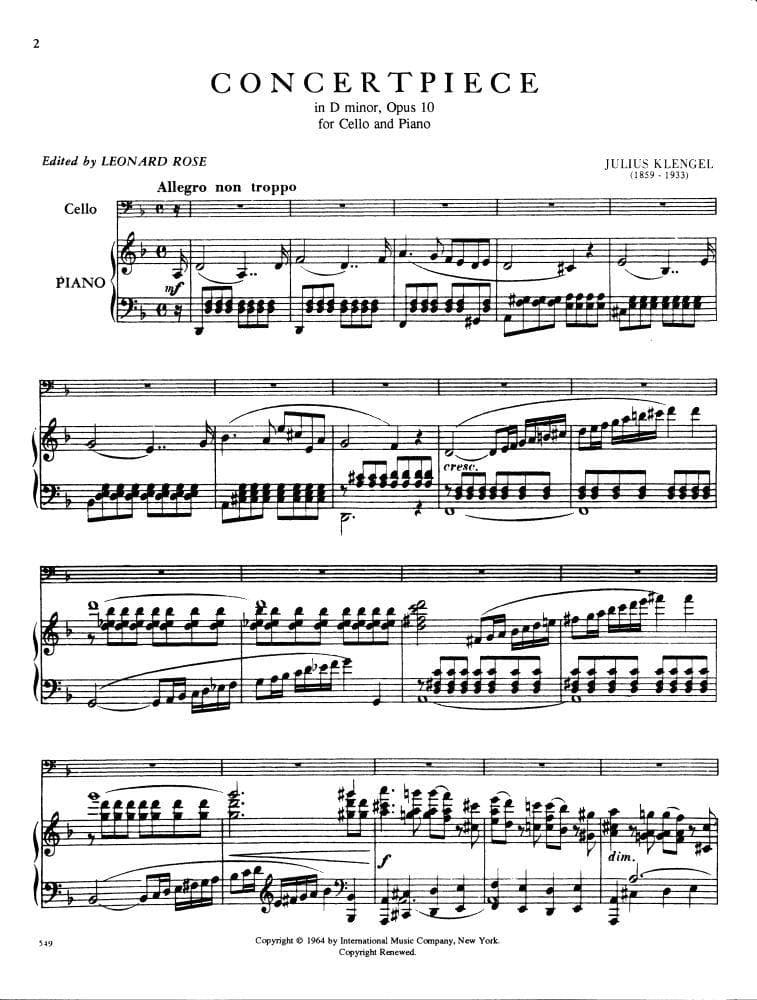 Klengel, Julius - Counterpiece in d minor, Op 10 - Cello and Piano - edited by Leonard Rose - International Music Co - Image 3