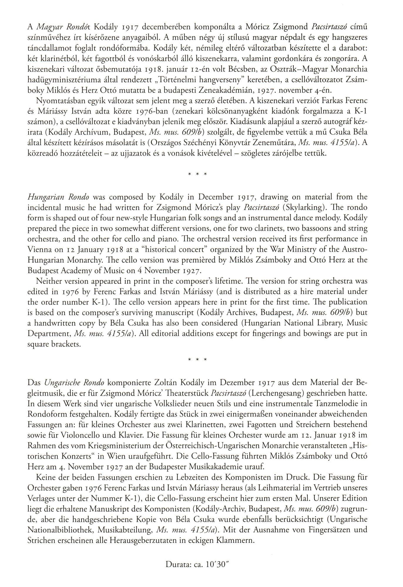 Kodaly, Zoltan - Hungarian (Magyar) Rondo - for Cello and Piano - edited by Elso Kiadas - Editio Musica Budapest - Image 2