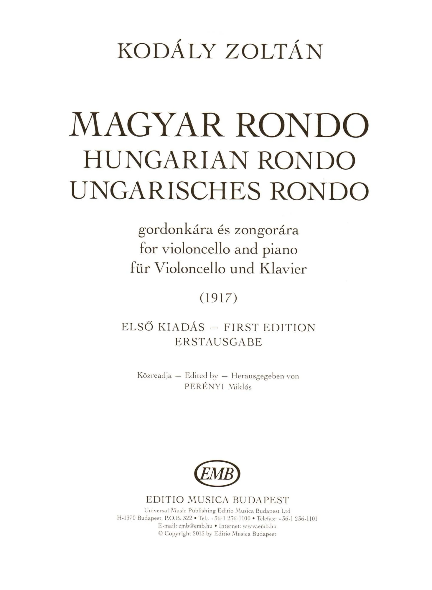 Kodaly, Zoltan - Hungarian (Magyar) Rondo - for Cello and Piano - edited by Elso Kiadas - Editio Musica Budapest - Image 3
